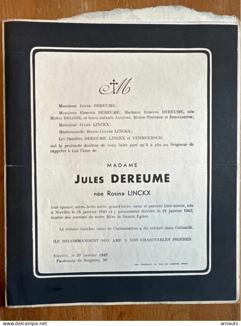 Madame Jules Dereume Nee Rosina Linckx *1865 Nivelles +1942 Nijvel Delooz Vermeersch - Décès