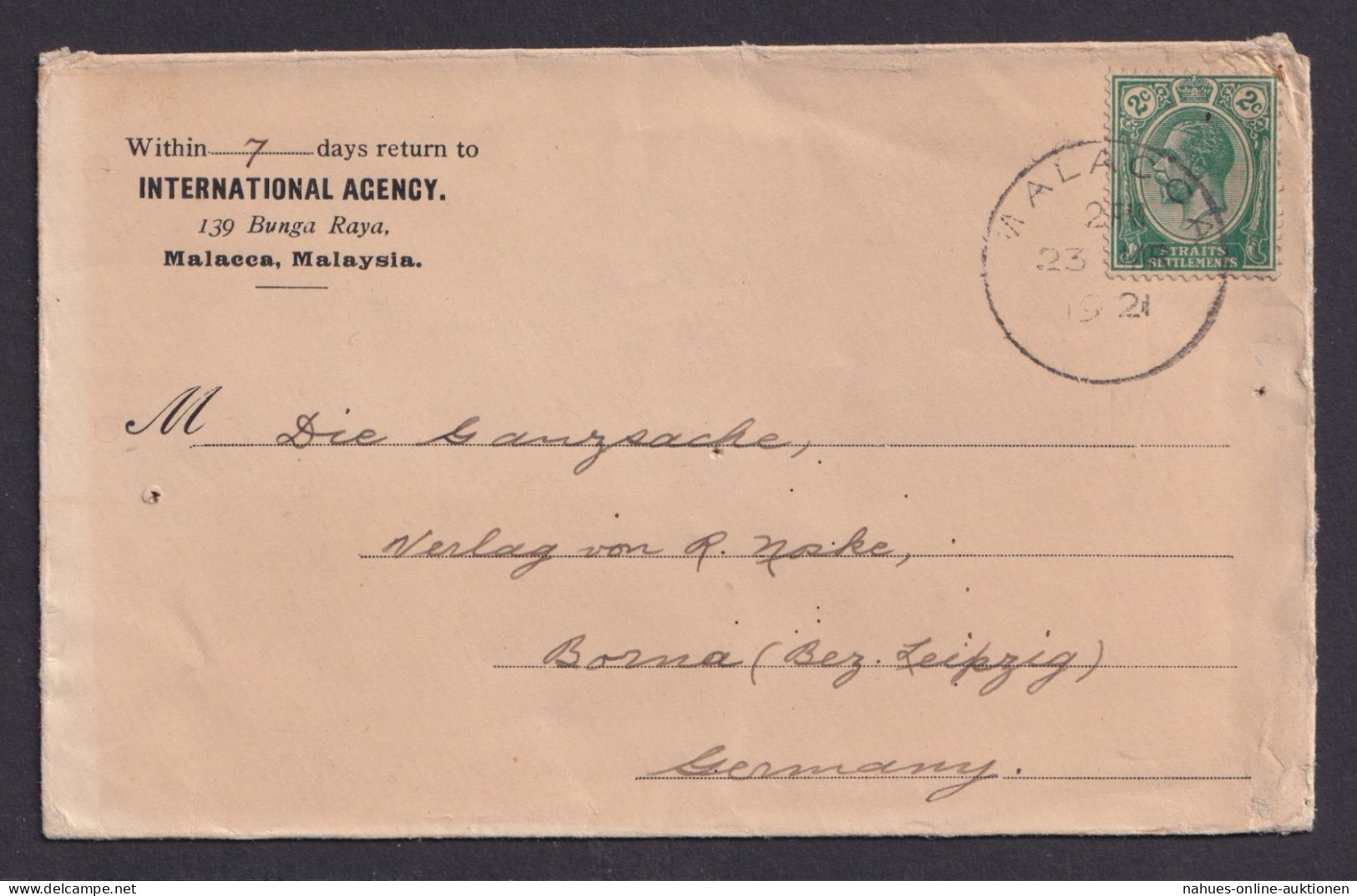 Straits Settlements Malacca Malaysia Brief Asien Silas Zechy Kook Borna Leipzig - Malaysia (1964-...)