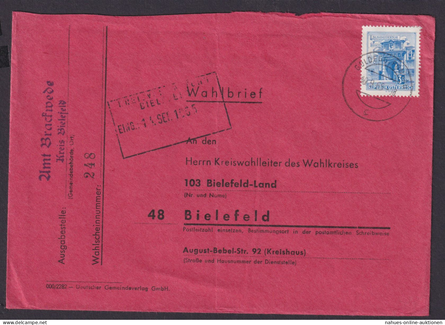 Österreich Brackwede Wahlbrief Wahlkreis Bielefeld Ab Goldegg Pongau Österreich - Storia Postale