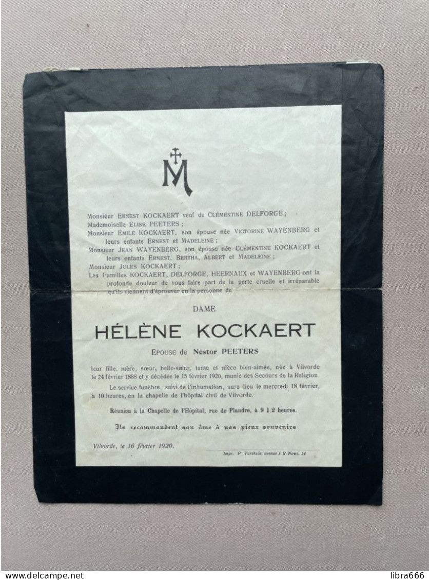 KOCKAERT Hélène °VILVOORDE 1888 +VILVOORDE 1920 - PEETERS - DELFORGE - HEERNAUX - WAYENBERG - Décès