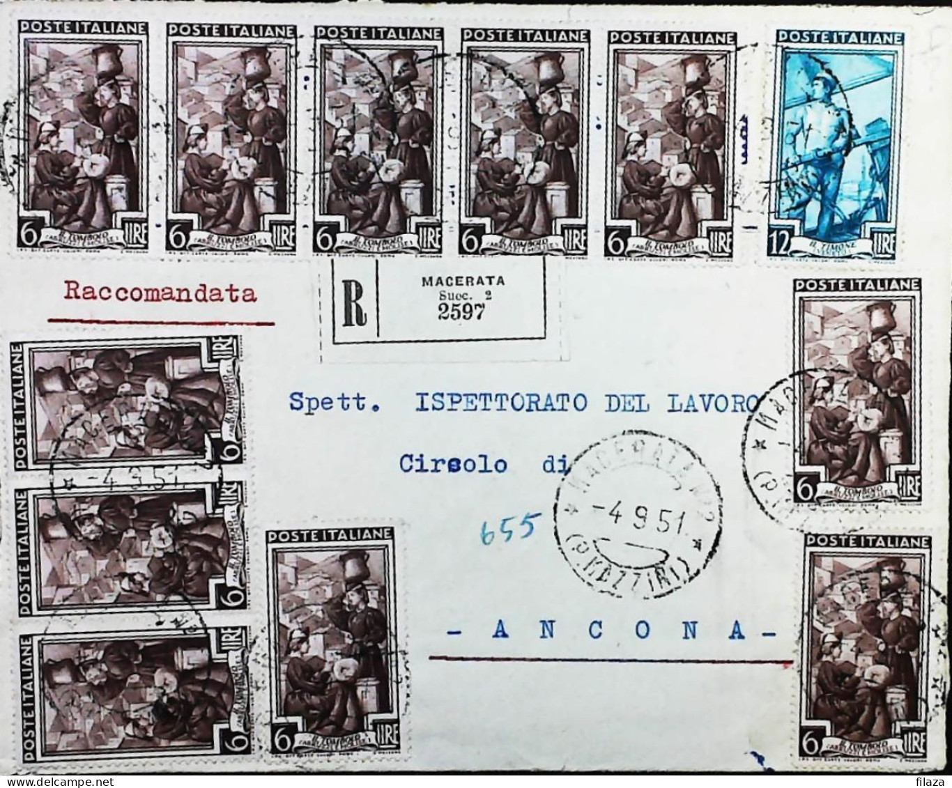 Italy - Repubblica - Italia Al Lavoro Raccomandata Da Macerata - S7320 - 1946-60: Marcofilie