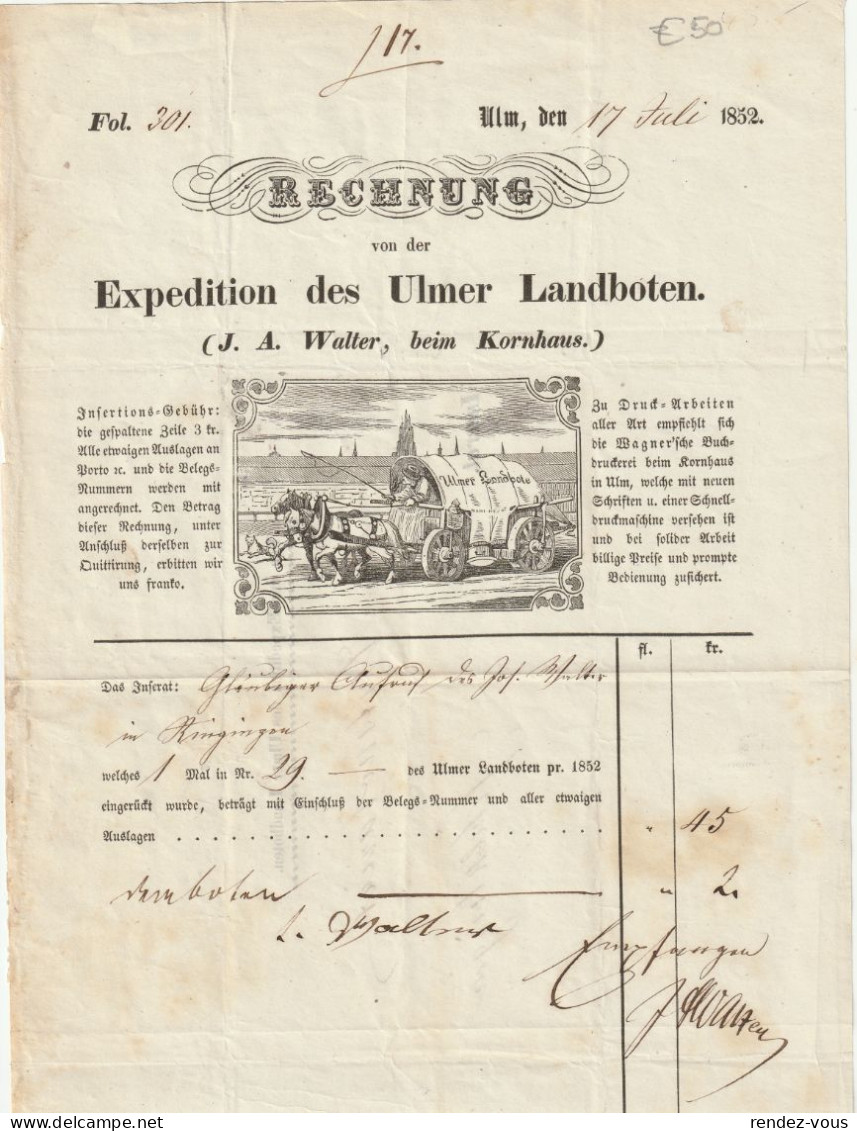 Fattura Comm.  -  Anno 1852  -  Ulm  ,  Expedition Des Ulmer Landboten - 1800 – 1899