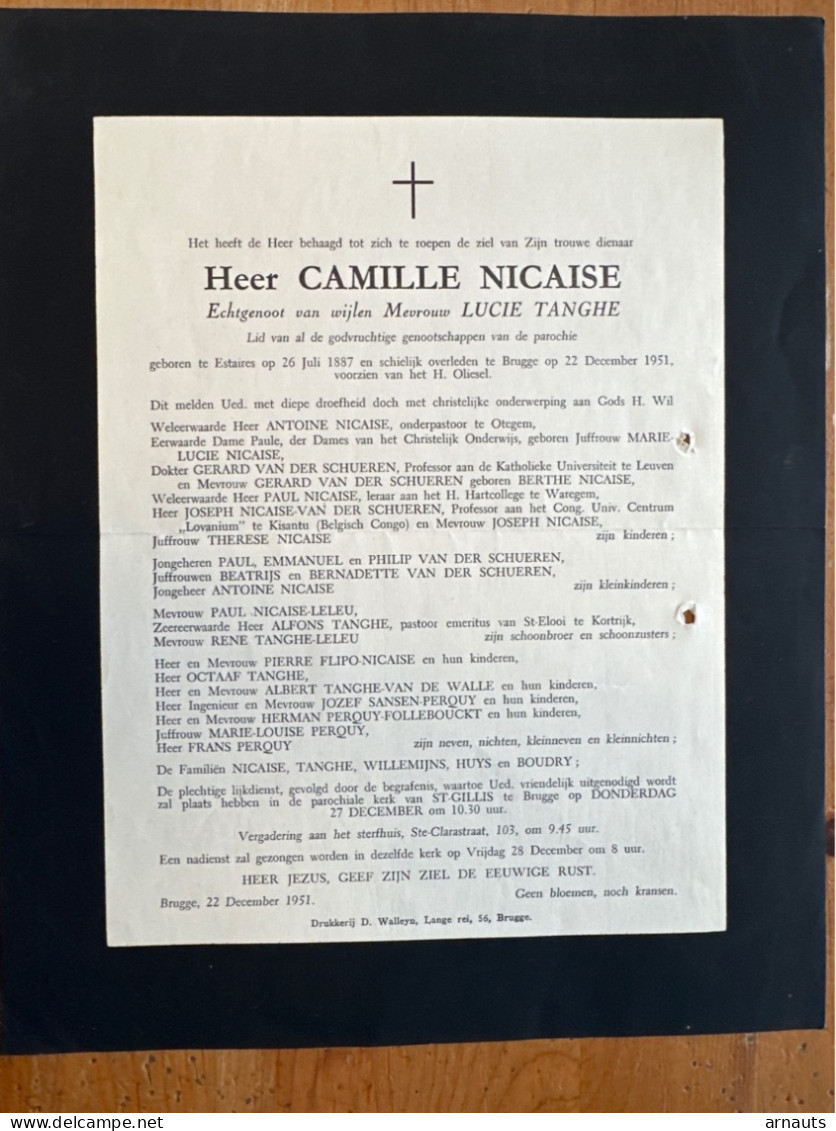 Heer Camille Nicaise Echtg Lucie Tanghe *1887 Estaires +1951 Brugge Schielijk Otegem Waregem Van Der Schueren Flipo Huys - Décès