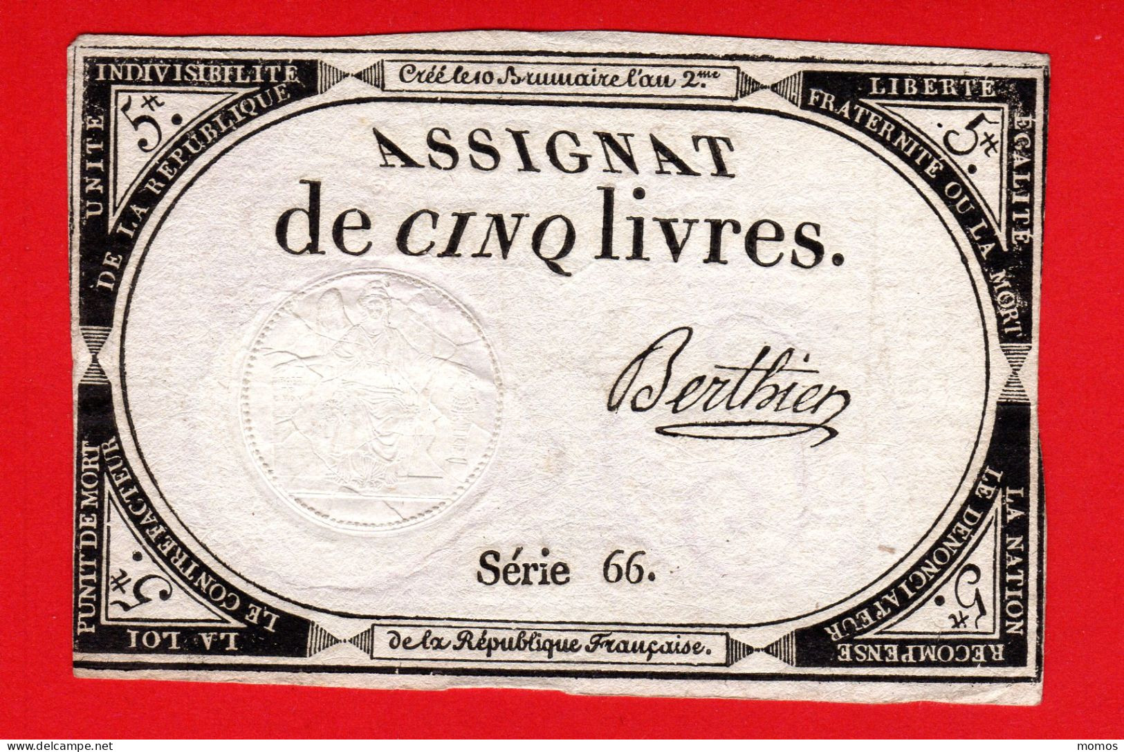 ASSIGNAT DE 5 LIVRES - 10 BRUMAIRE AN 2  (31 OCTOBRE 1793) - BERTHIER - REVOLUTION FRANCAISE  A - Assegnati