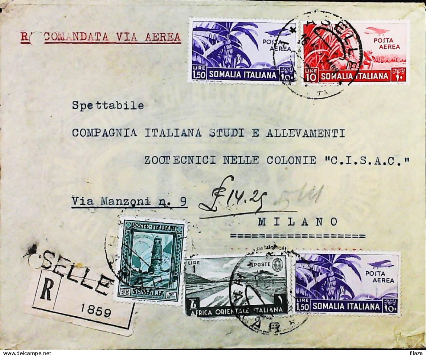 ITALIA - COLONIE -  SOMALIA 10 LIRE Raccomandata Da ASELLE Del 1940- S6261 - Somalie
