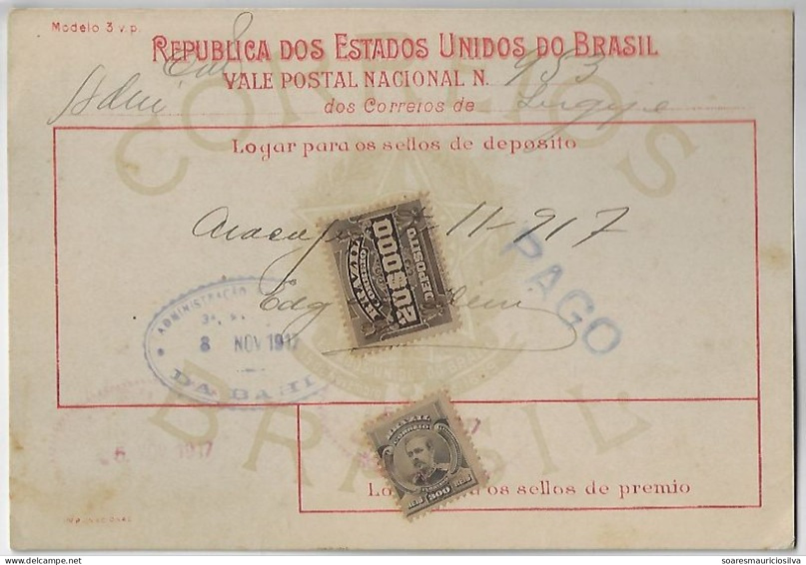 Brazil 1917 Money Order From Aracaju To Bahia Vale Postal Stamp 20$000 Reis + Definitive 300 Réis Floriano Peixoto - Lettres & Documents