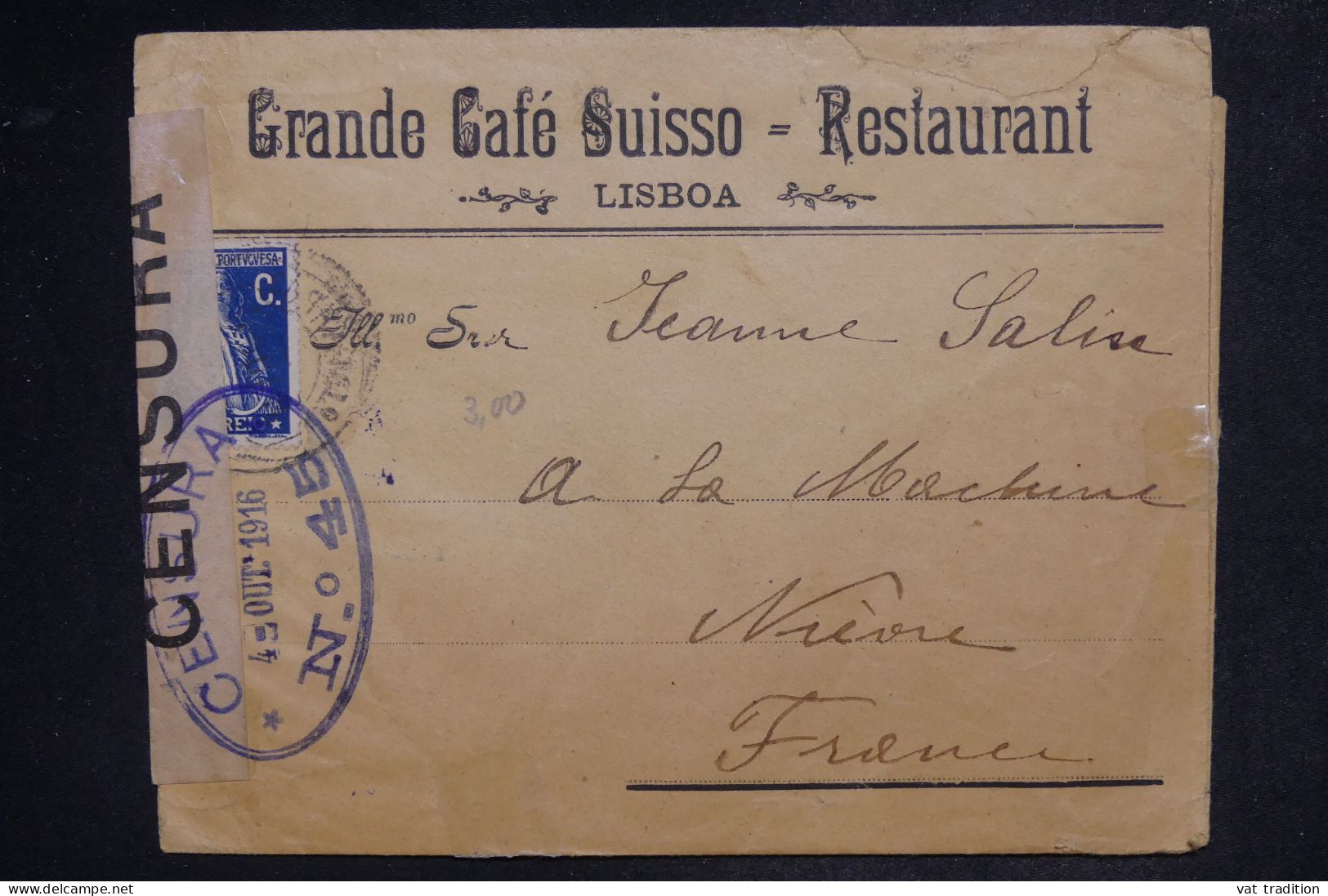 PORTUGAL - Enveloppe Commerciale De Lisbonne Pour La France En 1916 Avec Contrôle Postal - L 151887 - Cartas & Documentos