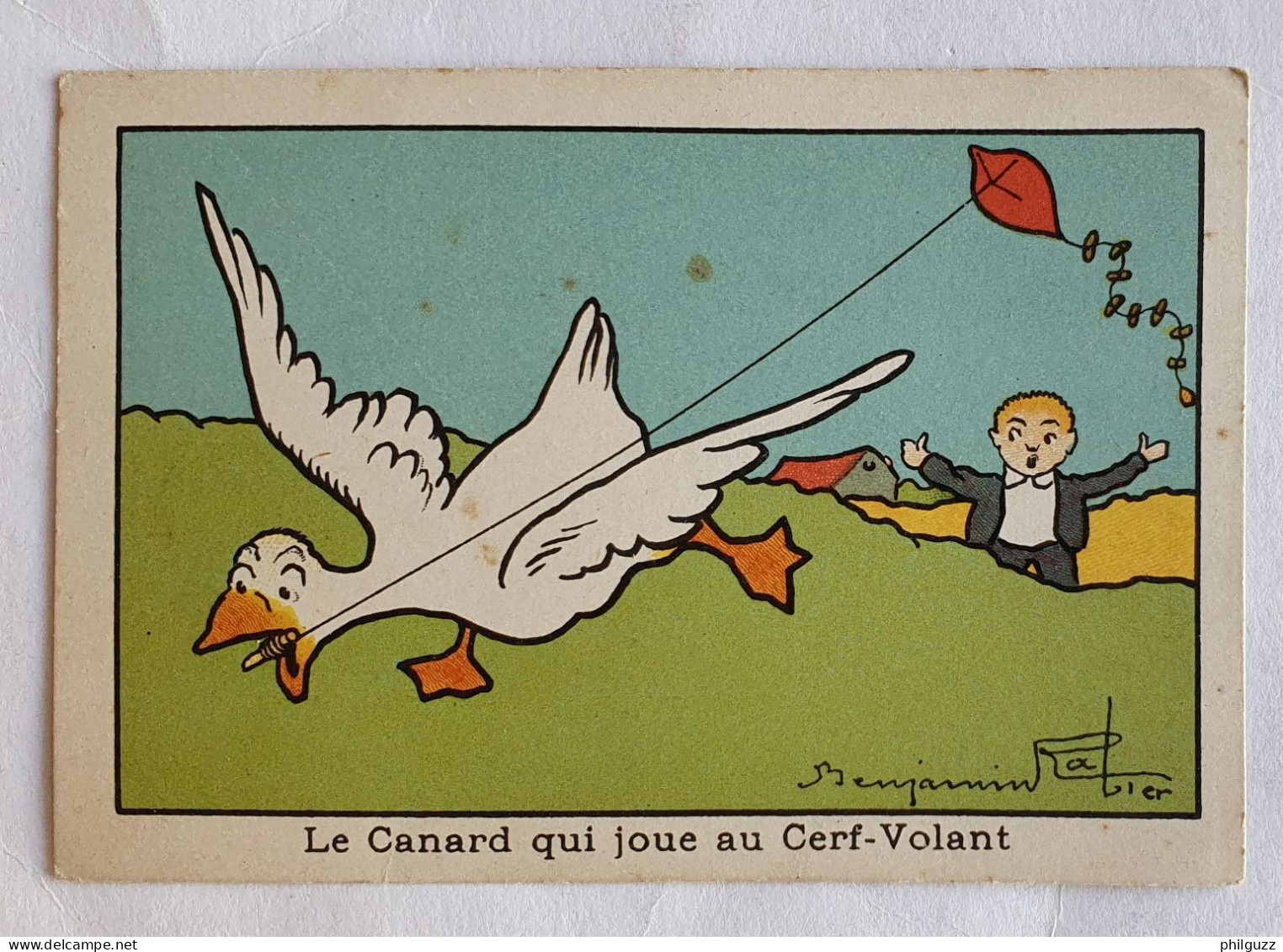 RARE Chromo Benjamin Rabier Les Fables Le Canard Qui Joue Au Cerf Volant (2) - Autres & Non Classés