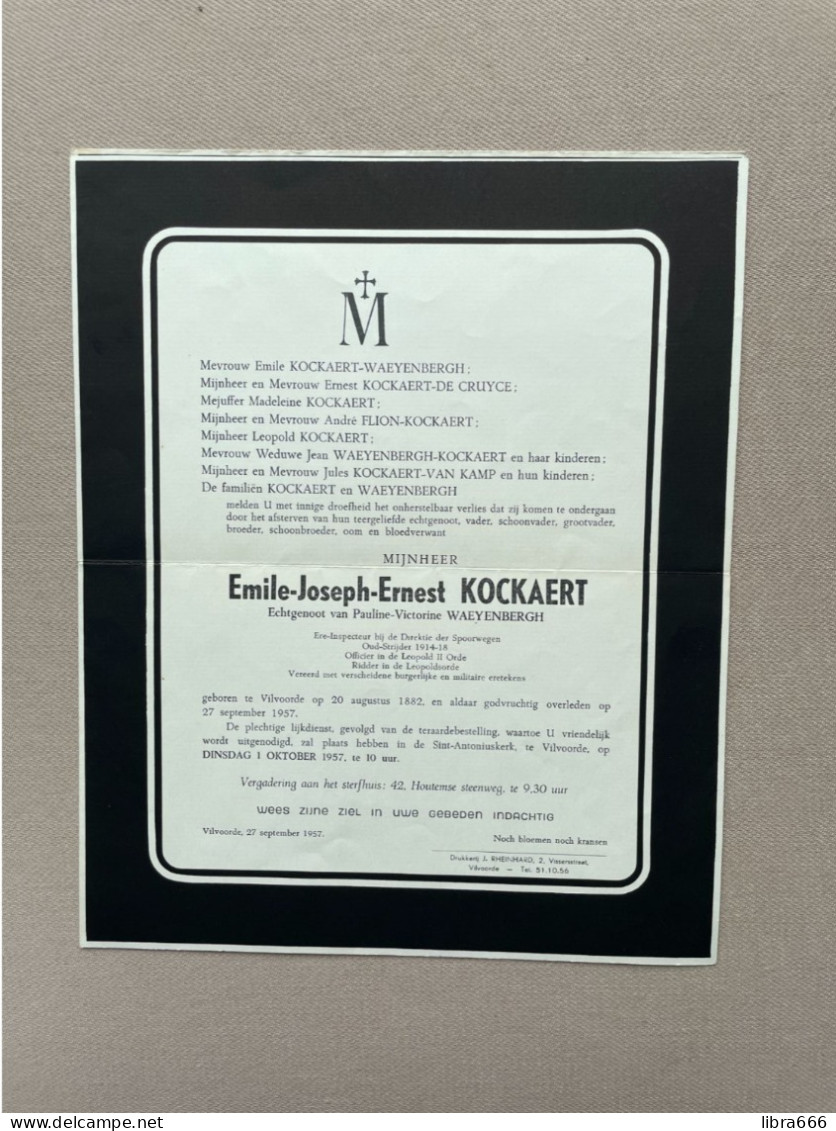KOCKAERT Emile Joseph Ernest °VILVOORDE 1882 +VILVOORDE 1957 - WAEYENBERGH - Ere-Inspecteur Direktie Der Spoorwegen - Décès