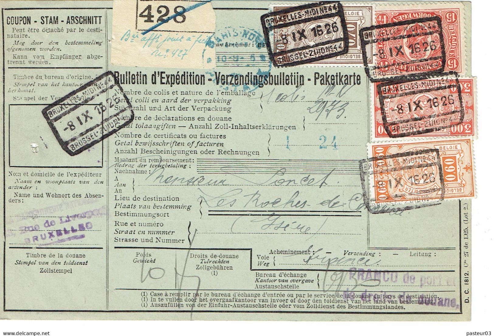 218 X 3 Plus 219 Timbres Chemins De Fer Belgique Sur Bordereau Colis Du 8-11-1925 - Other & Unclassified