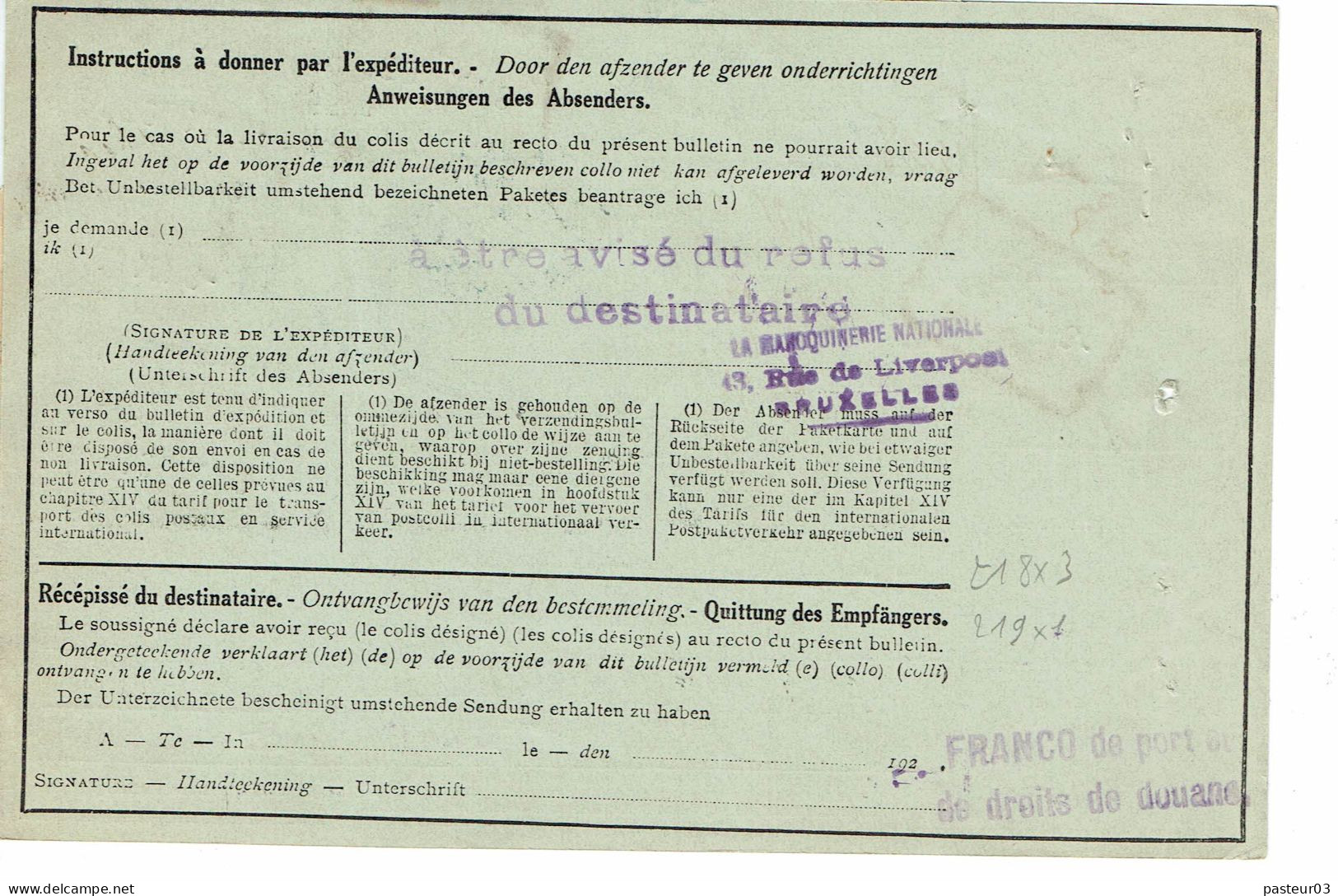 218 X 3 Plus 219 Timbres Chemins De Fer Belgique Sur Bordereau Colis Du 8-11-1925 - Andere & Zonder Classificatie