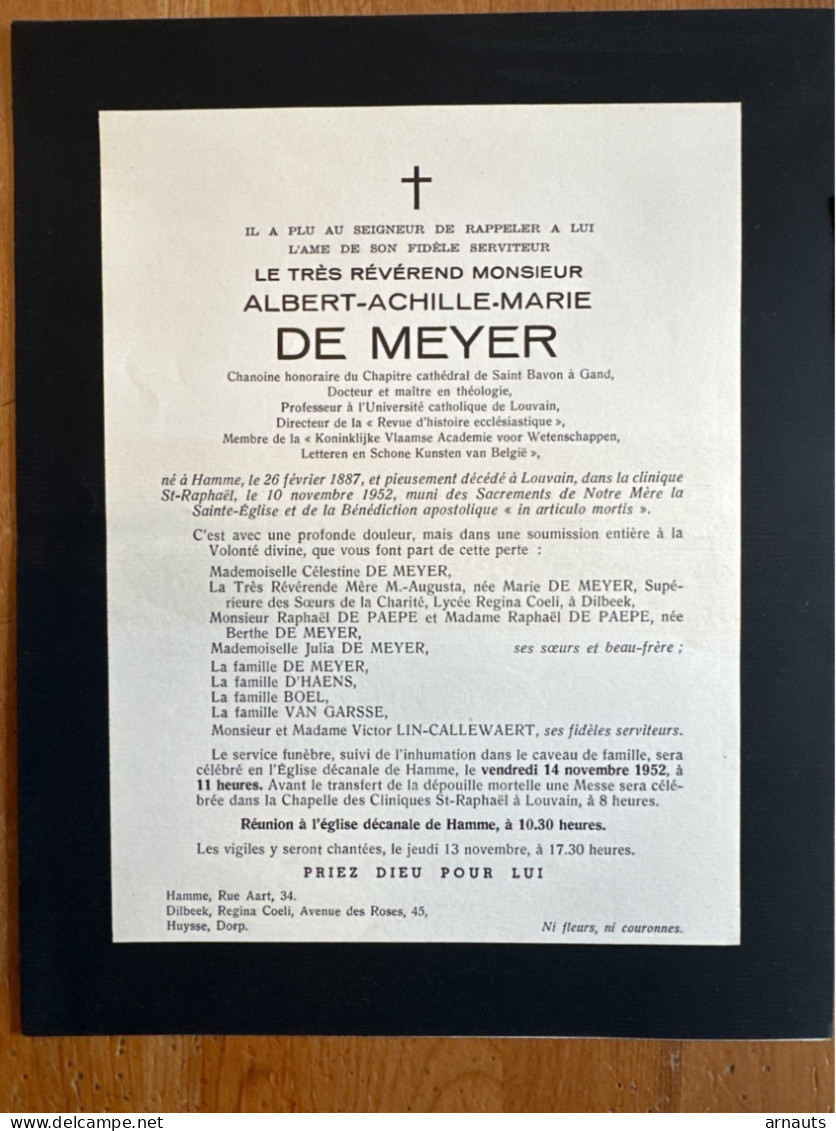 Reverend Monsieur Albert De Meyer Chanoine Saint Bavon Gand Prof KUL *1887 Hamme +1952 Louvain Leu De Paepe Boel D’Haens - Décès