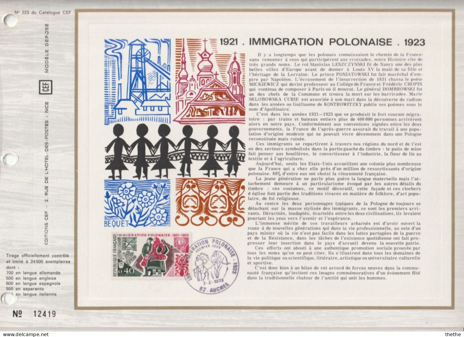 FRANCE - FDC - Immigration Polonaise De 1921-23  - Feuillet N° 223 Du Catalogue CEF - 1970-1979