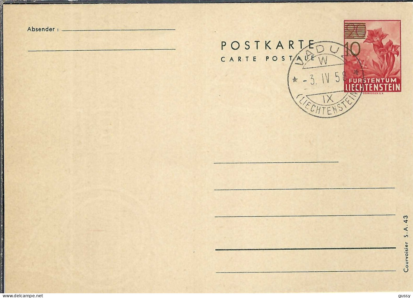 LIECHTENSTEIN Ca.1958: 3 Entiers Postaux De 10c De Vaduz - Cartas & Documentos