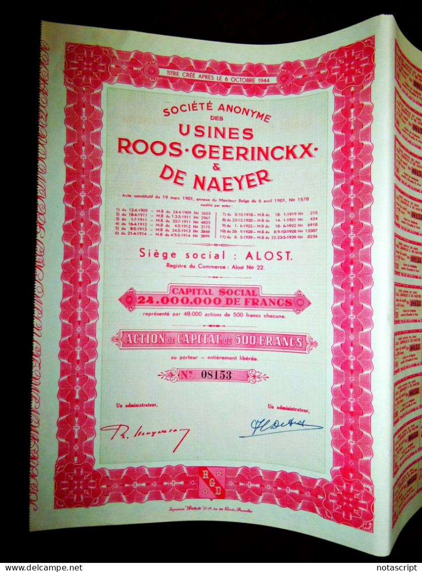 Usines Roos Geerinckx & De Naeyer ,Alost,Share Certificate - Tessili