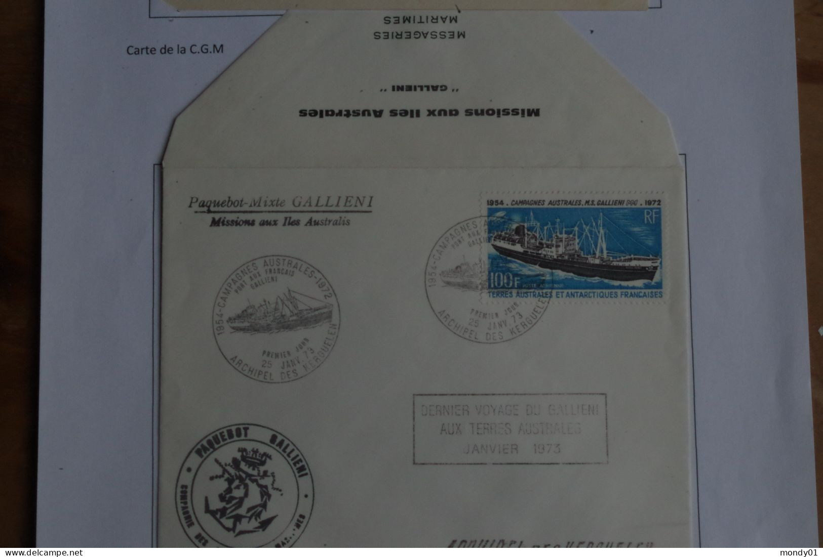 Bac M42/ TAAF Kerguelen 1973 Paquebot Gallieni Terres Australes CGM Dernier Voyage Iles Australis Carte Et Enveloppe - Ships