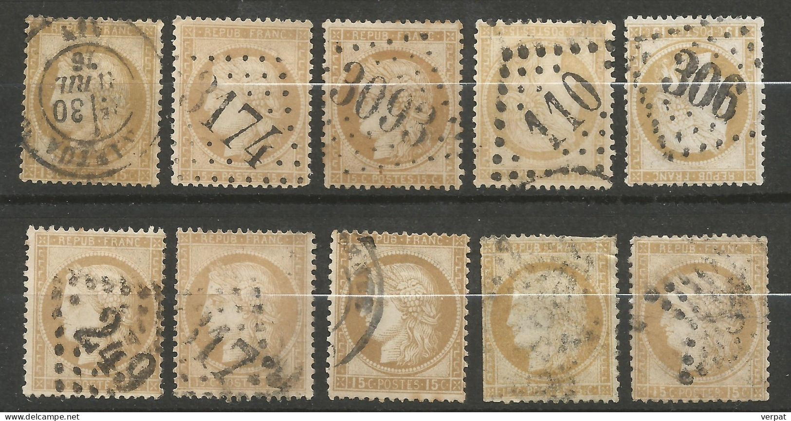 Ceres 15c Bistre Y&T 55 LOT De 10, Variétés, Belle Oblitération - 1871-1875 Cérès