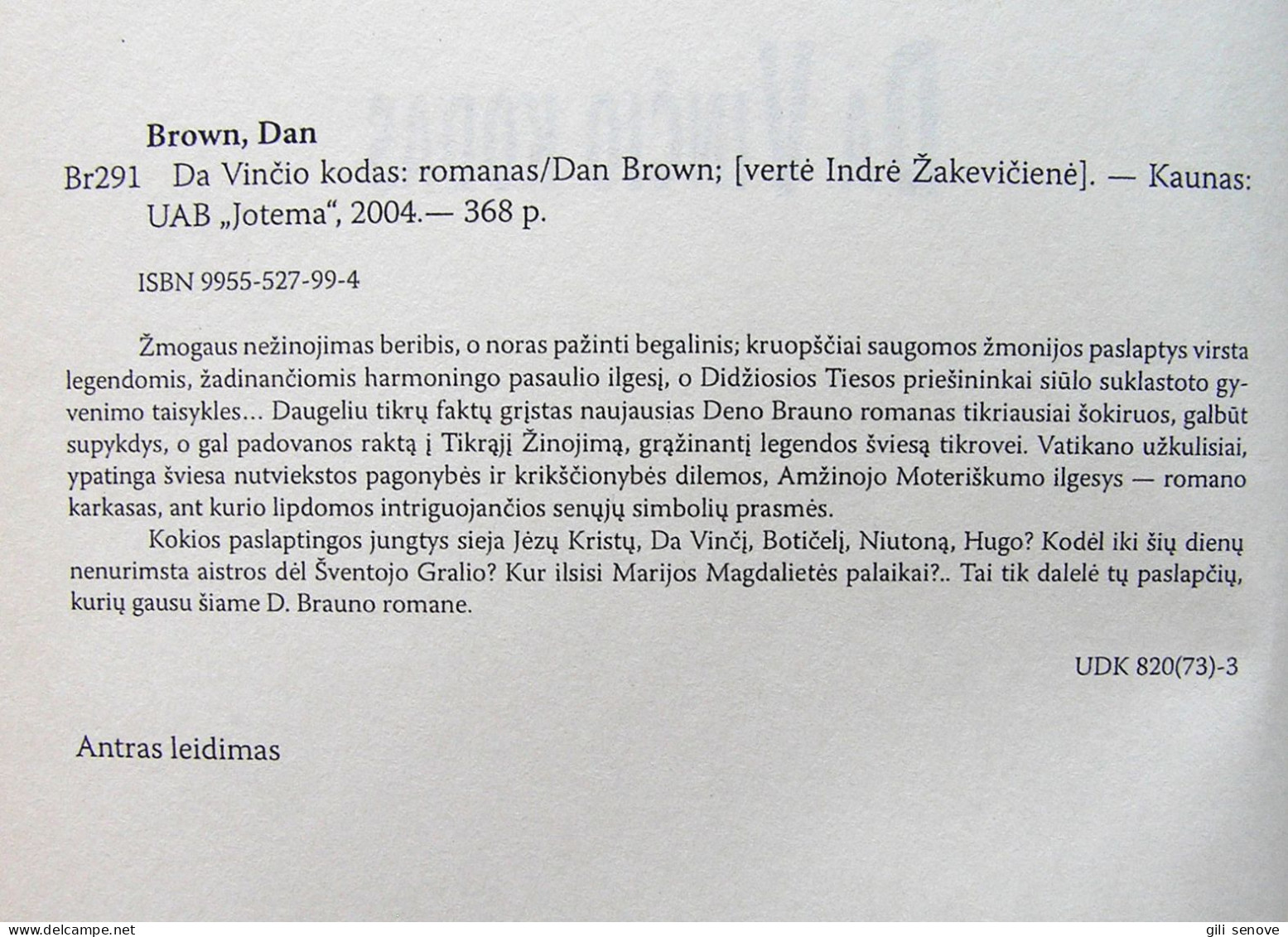 Lithuanian Book / Da Vinčio Kodas By Dan Brown 2004 - Culture