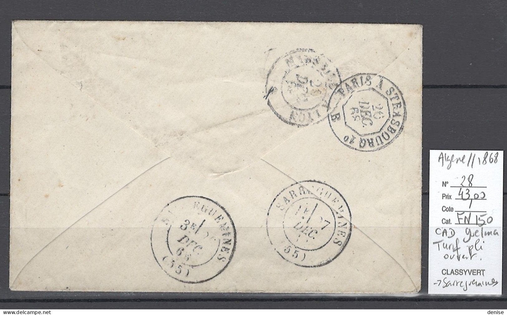 Algérie - Lettre De GUELMA - Cachet à Date 1868 - Tarif Lettre Ouverte Pour Sarreguemines - 1849-1876: Période Classique