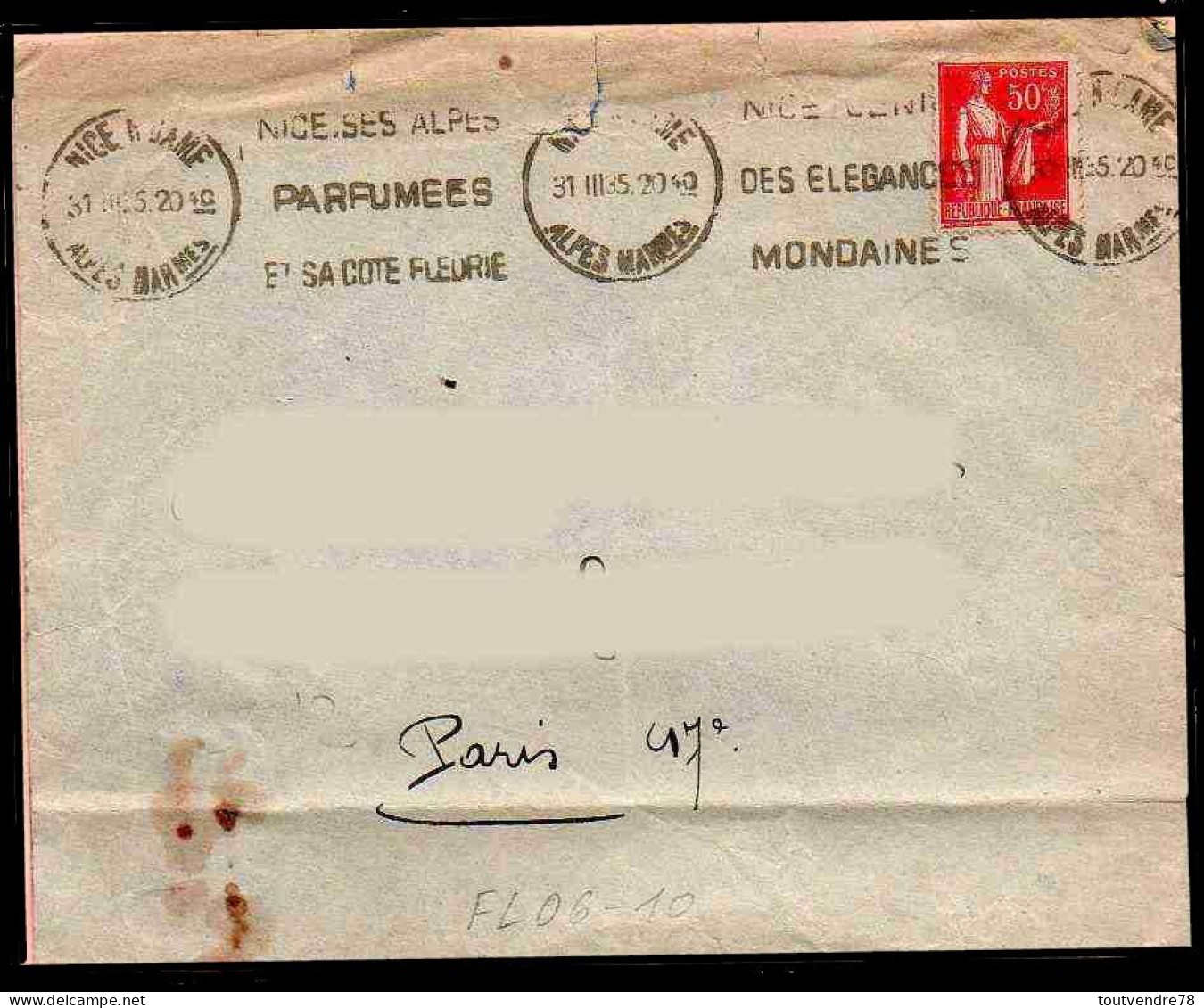 FL06-10 : Dept 06 (Alpes Maritimes) NICE N. DAME 1935 > FL Continu 2 Textes - Oblitérations Mécaniques (flammes)