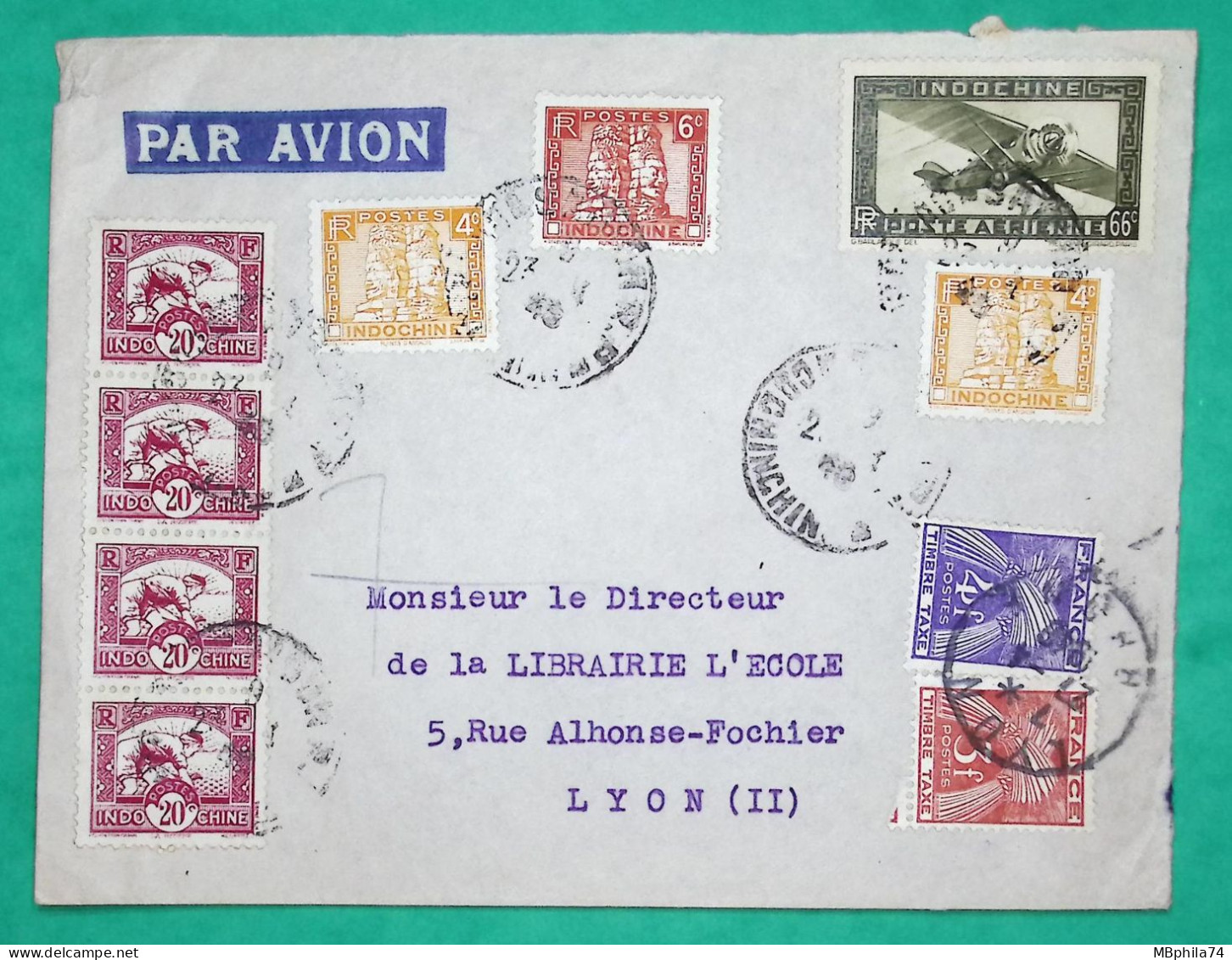 LETTRE PAR AVION COCHINCHINE TAXE GERBES ARRIVEE LYON COVER FRANCE - Luftpost