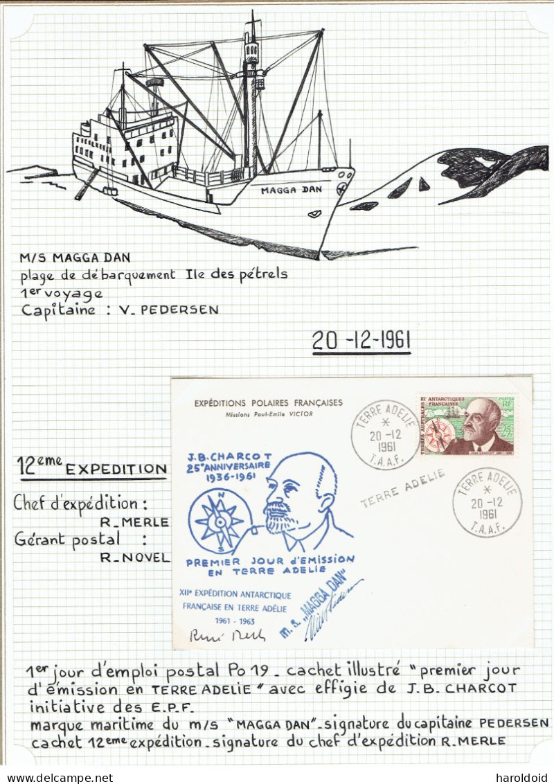 12e Expédition Terre Adélie - Signé René Merle - Marque M/S MAGGA DAN - Signé Du Capt Pedersen - 20/12/61 - TTB - Lettres & Documents