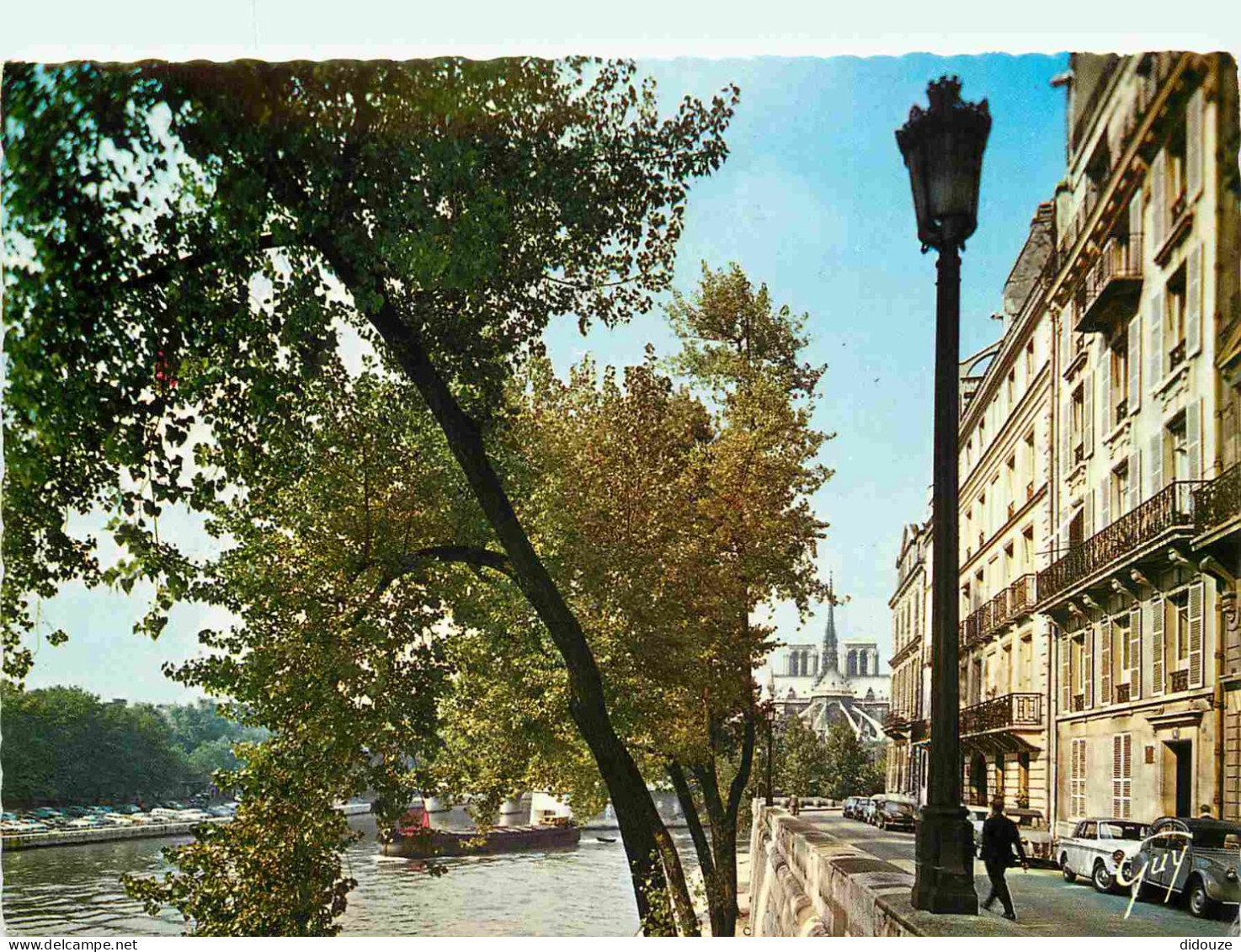 75 - Paris - La Seine Et Ses Bords - Les Quais De La Seine - Au Fond La Cathédrale Notre Dame - Automobiles - Carte Dent - La Seine Et Ses Bords