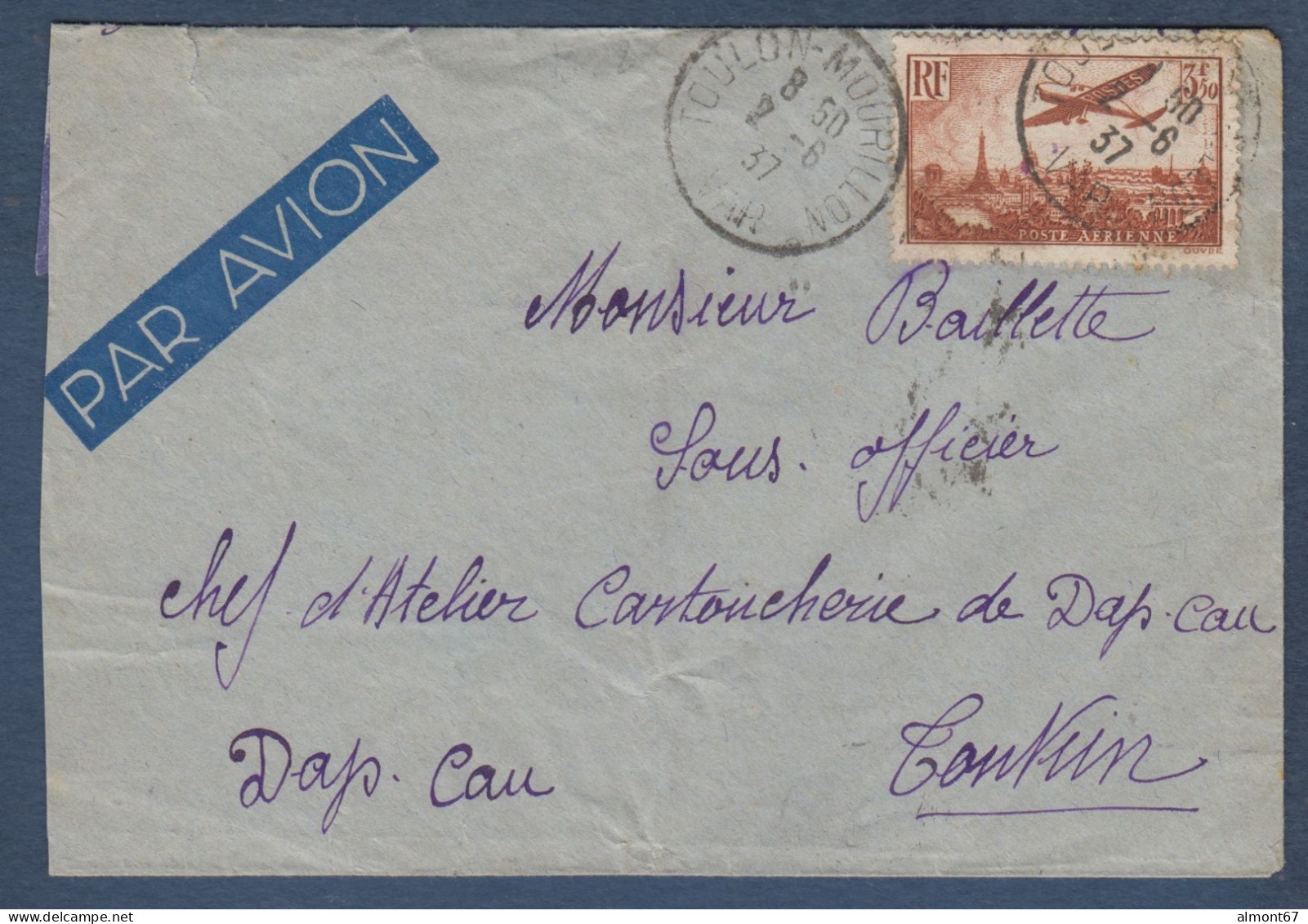 P.A. N° 13 Seul Sur Lettre Pour Le Tonkin - 1927-1959 Covers & Documents