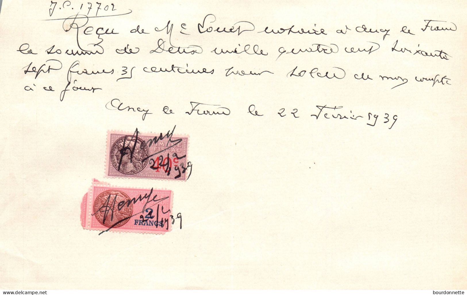 TIMBRES FISCAUX Sur Documents Ancy Le Franc Yonne 1939 - Brieven En Documenten