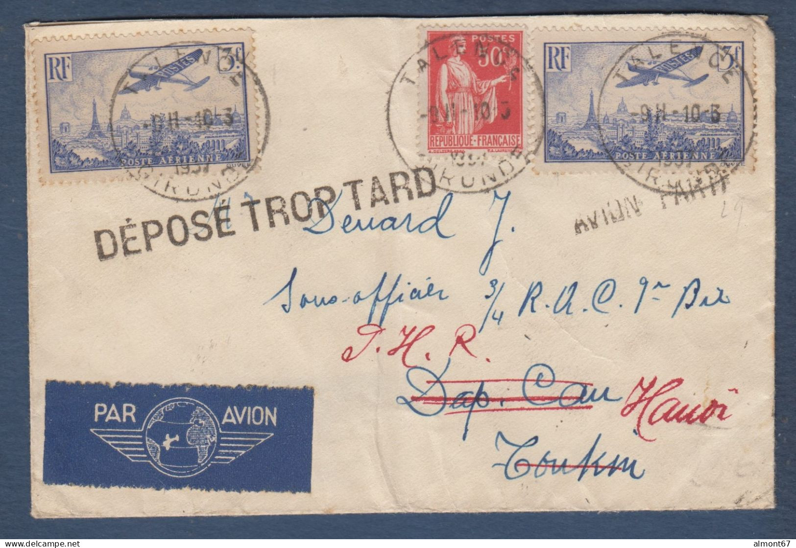 DEPOSE TROP TARD  AVION PARTI L Sur Lettre Pour Le Tonkin - 1927-1959 Lettres & Documents