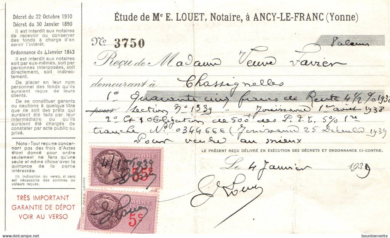 TIMBRES FISCAUX Sur Documents Ancy Le Franc Yonne 1939 Chassignelles - Storia Postale