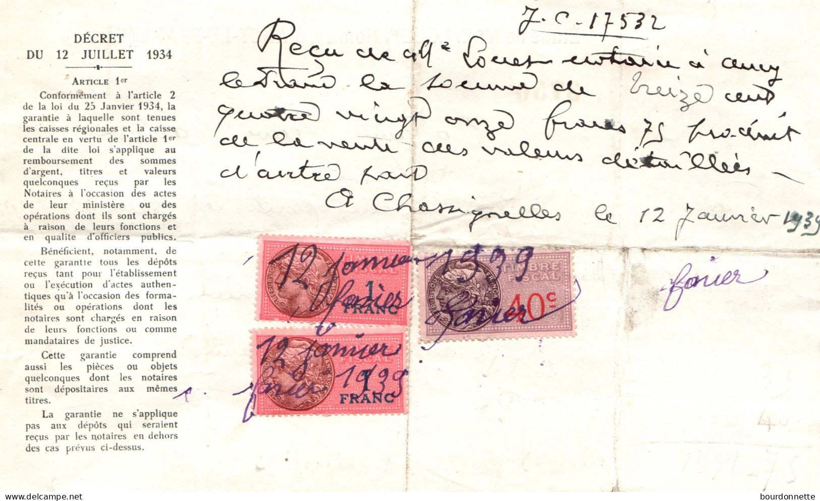 TIMBRES FISCAUX Sur Documents Ancy Le Franc Yonne 1939 Chassignelles - Brieven En Documenten