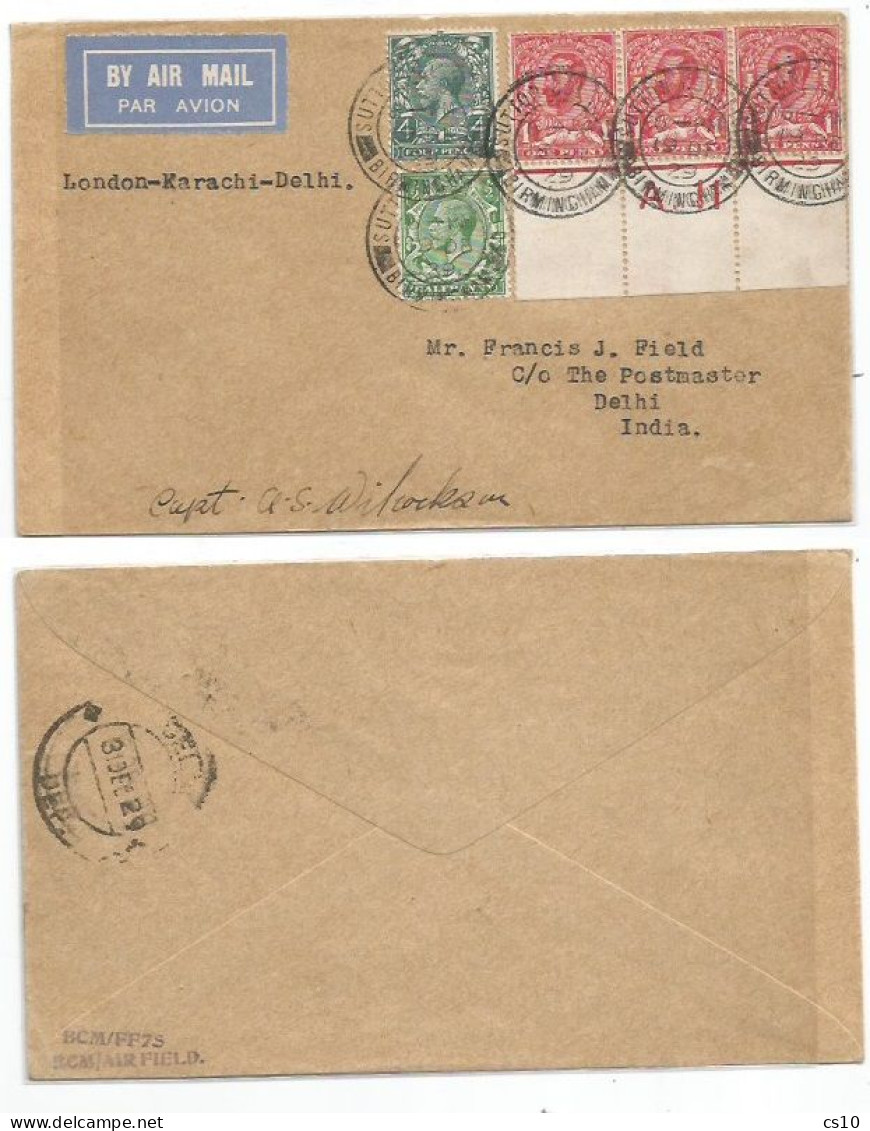 UK Britain AirmailCv Sutton 19ocy1929 To India Via London Karachi Delhi Flight - Signed By Commander - Storia Postale