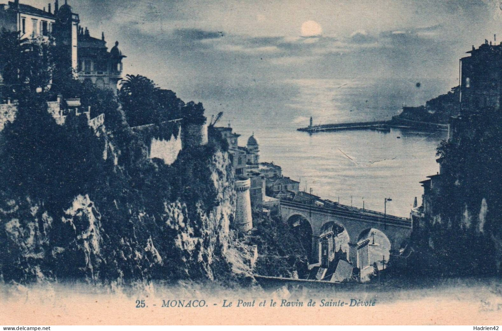 RECTO/VERSO - CPA - MONACO - LE PONT ET LE RAVIN DE SAINTE DEVOTE AU CLAIR DE LUNE - Haven