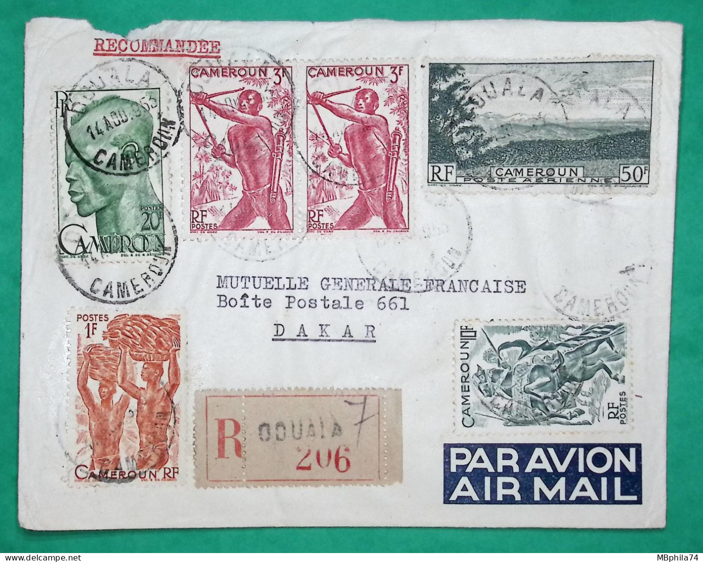 RECOMMANDE PAR AVION DOUALA CAMEROUN POUR DAKAR 1953 LETTRE COVER FRANCE - Airmail