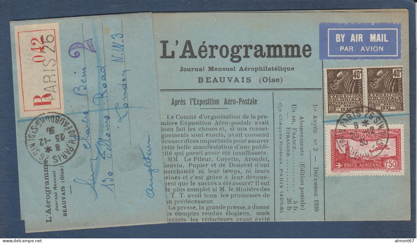 Journal L' AEROGRAMME N° 2  De  Paris  à  Londres 1930 En Recommandé Par Avion - 1927-1959 Lettres & Documents