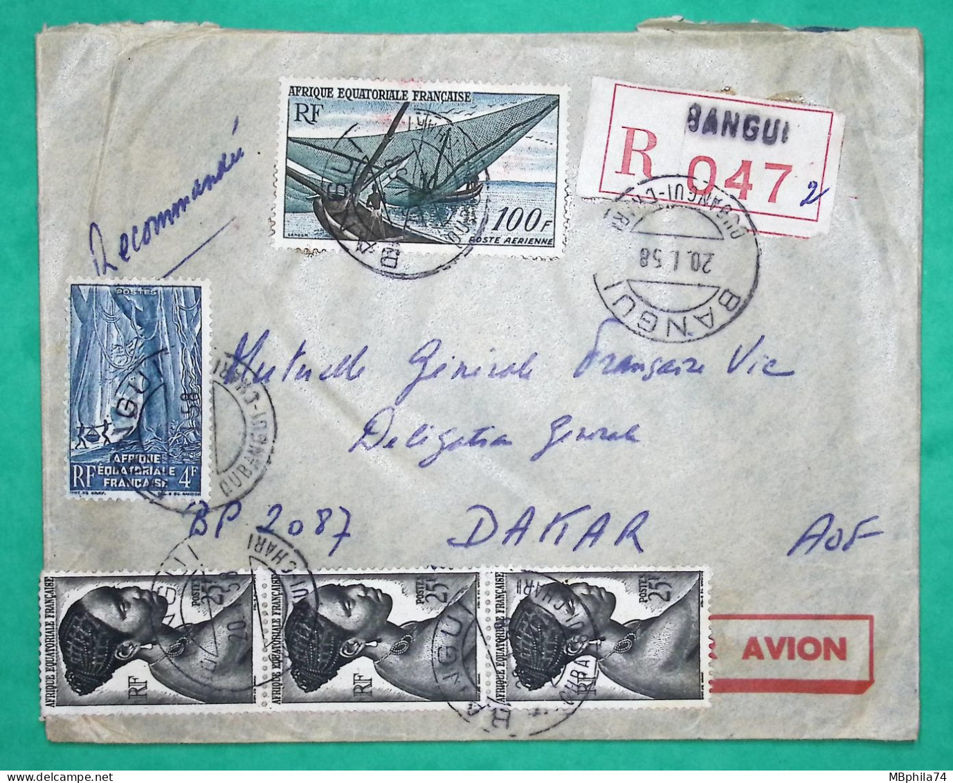 RECOMMANDE PAR AVION BANGUI OUBANGUI CHARI AEF POUR DAKAR 1958 LETTRE COVER FRANCE - Lettres & Documents