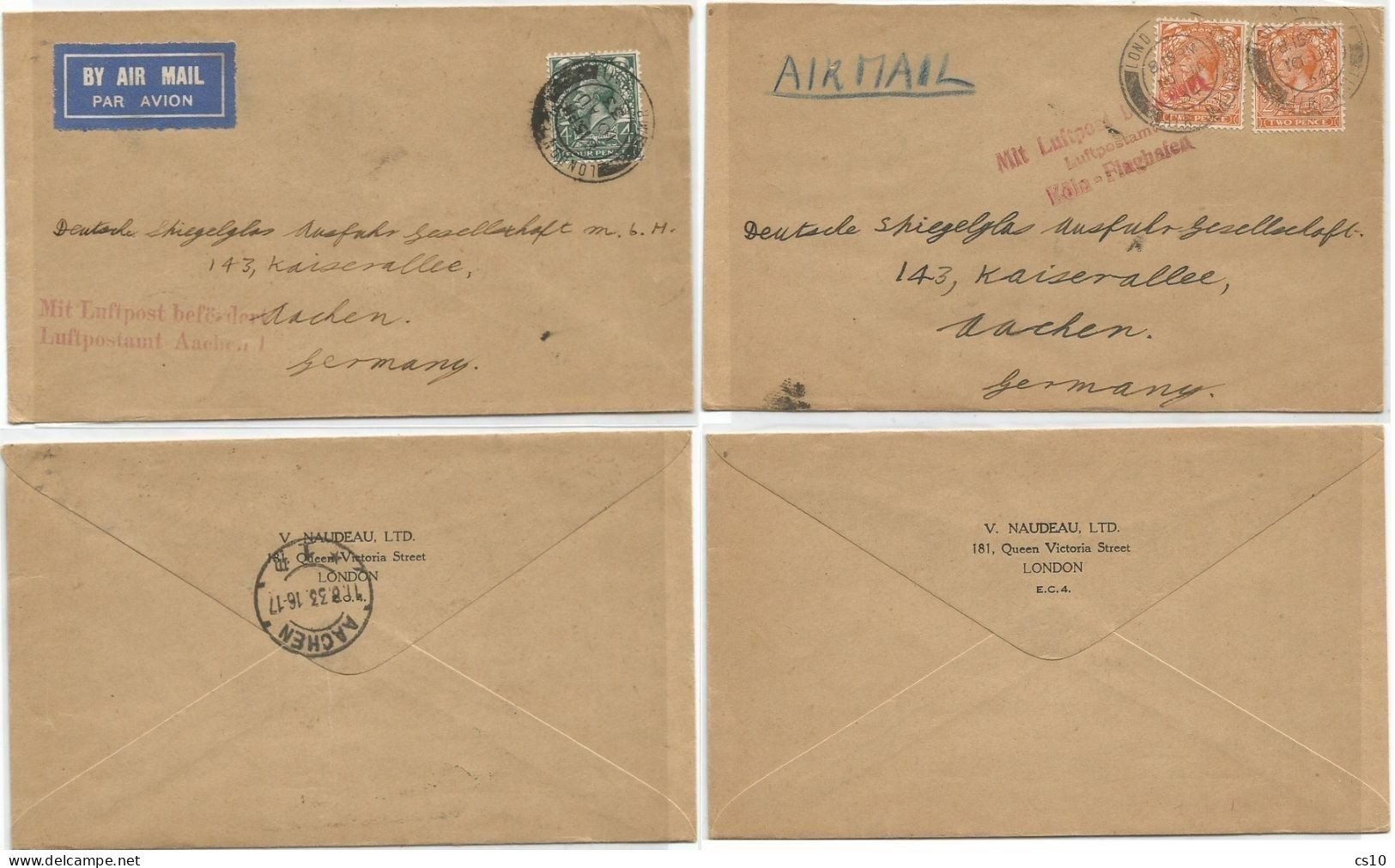 UK Britain #2 Commerce AirmailCVs London 1933/34 To 3rd Reich Aachen Via 2 Diffent Airpost Post Directions - Briefe U. Dokumente