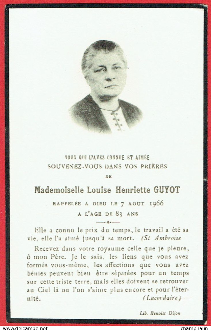 Faire-part De Décès - Mémento - Louise Henriette Guyot - 7 Août 1966 - Décès