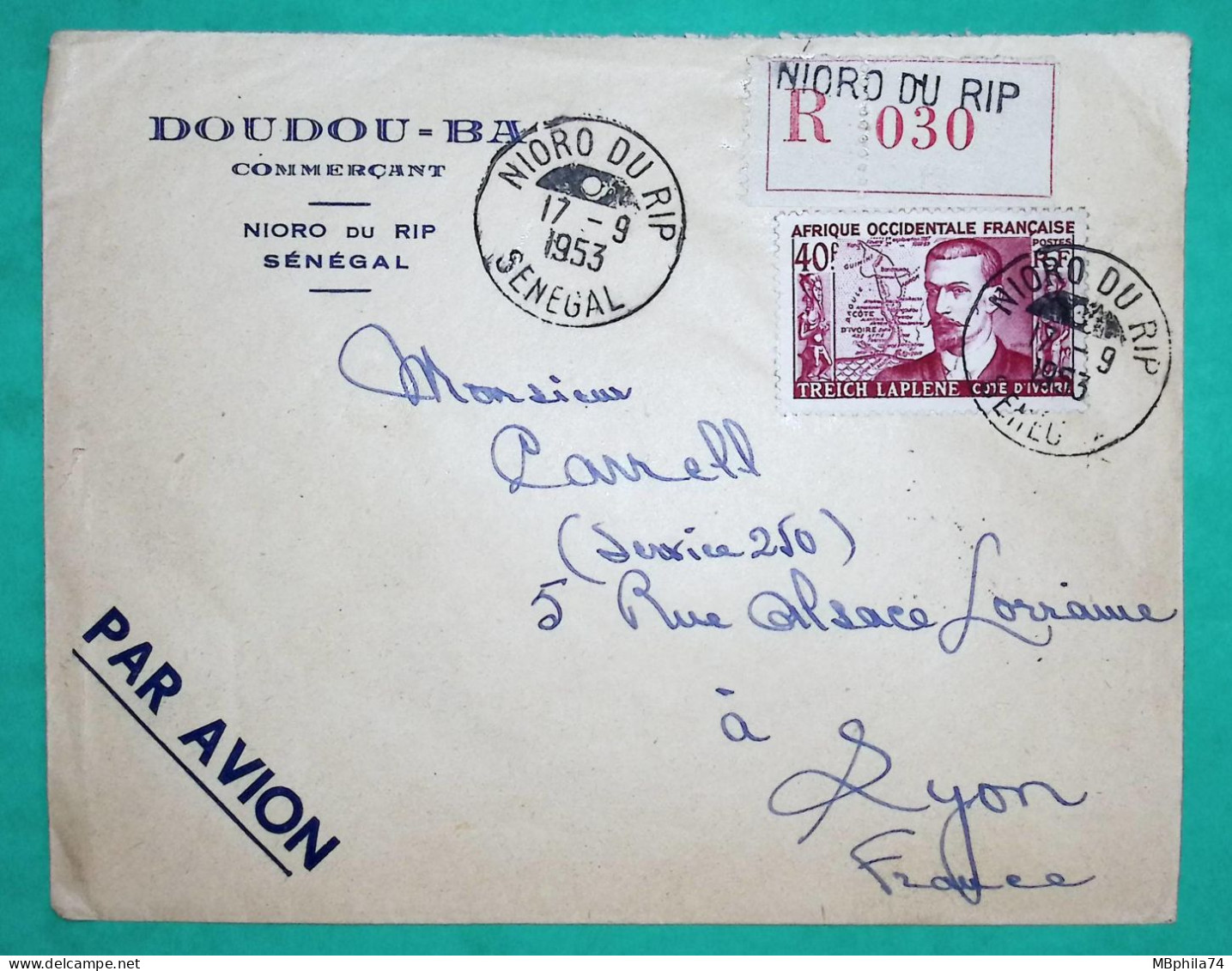 40F TREICH LAPLENE COTE D'IVOIRE AOF SEUL SUR LETTRE RECOMMANDE PAR AVION NIORO DU RIP SENEGAL ENTETE COMMERCANT 1958 - Brieven En Documenten