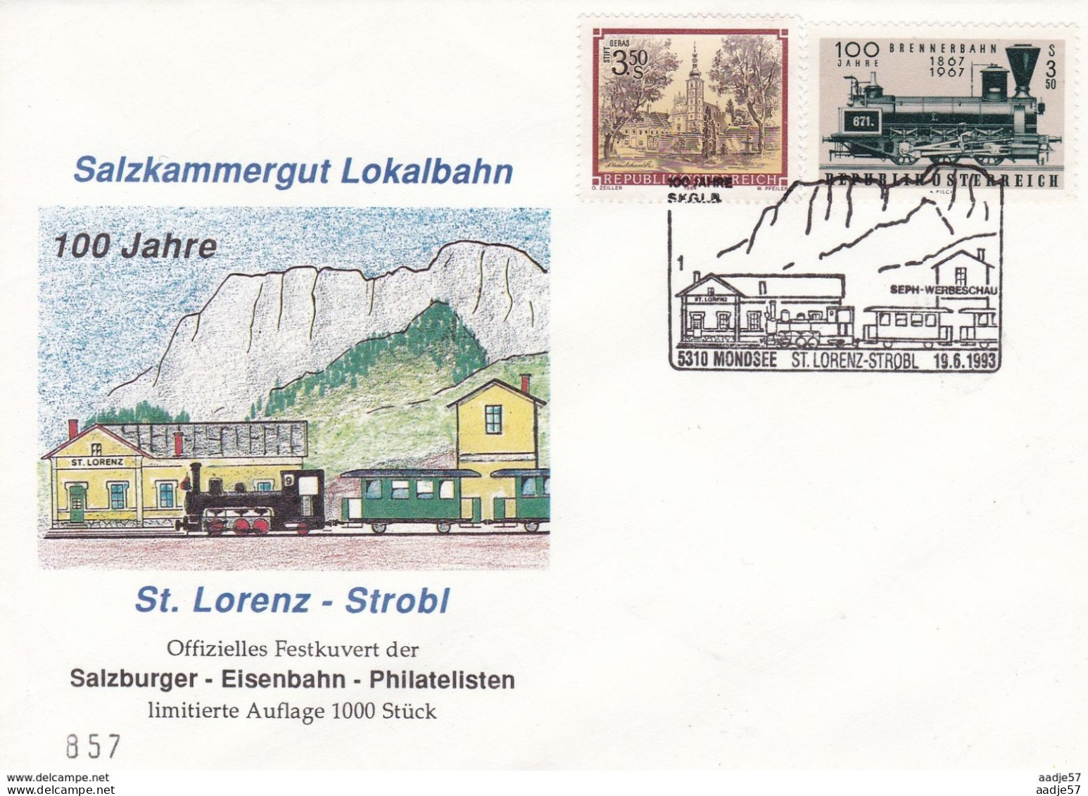 Austria Österreich 19.06.1993 ST LORENZ STROBL RAILWAY 100th Anniv STEAM TRAIN EVENT COVER AUSTRIA - Treni