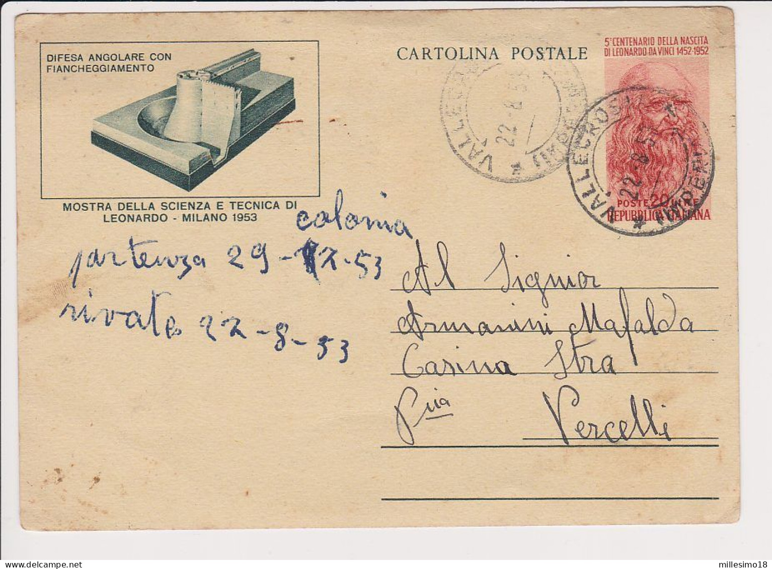 Italia 1953 Intero Postale Inaugurazione Museo Scienza Leonardo Cascine Strà Vallecrosia - Postwaardestukken