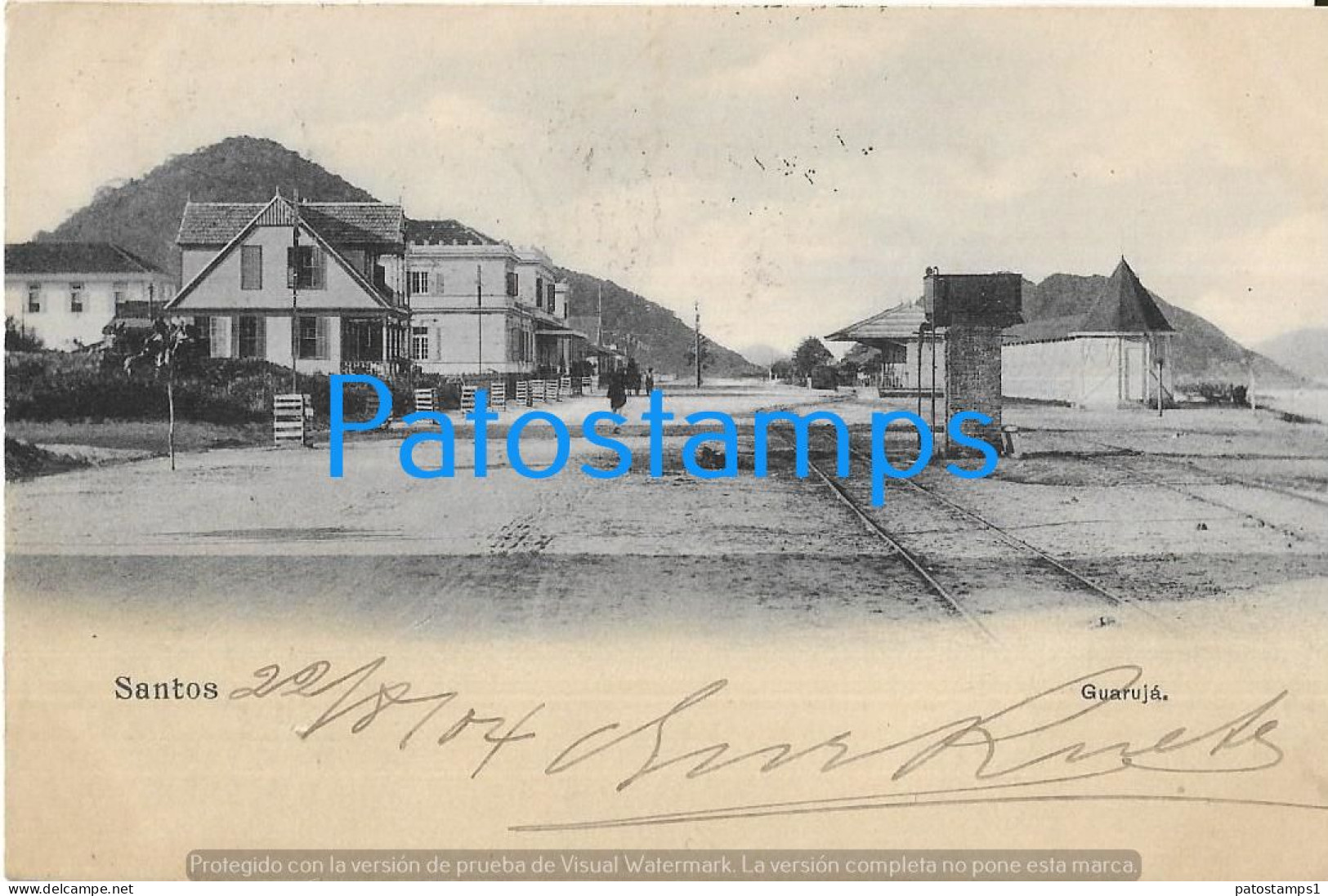 227119 BRAZIL SANTOS GUARUJA VIEW PARTIAL RAILROAD CANCEL AMBULANT CIRCULATED TO URUGUAY POSTAL  POSTCARD - Autres