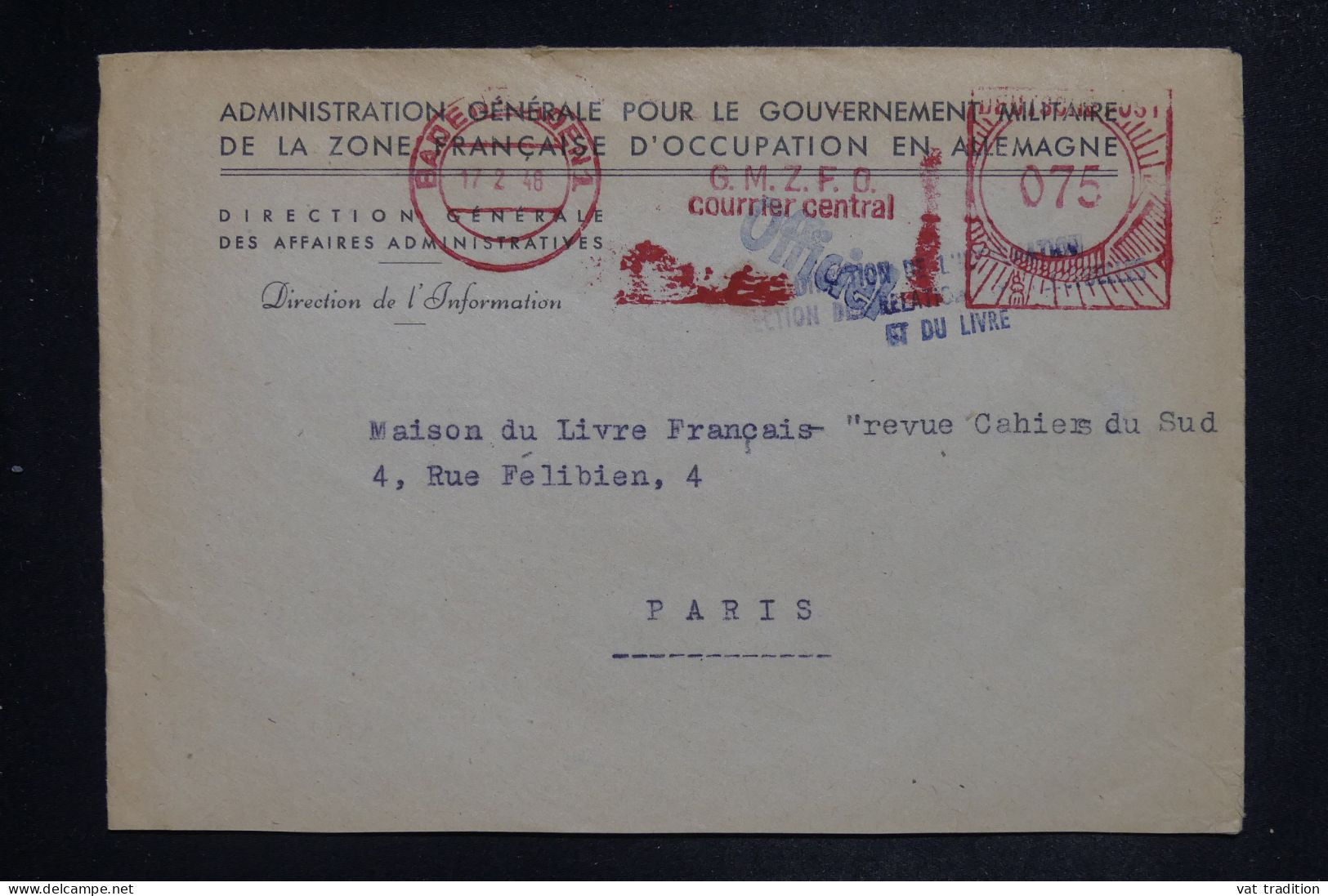 ALLEMAGNE - Enveloppe Du Gouvernement Militaire De La Zone D'Occupation Française Pour Paris En 1946 - L 151903 - Amtliche Ausgaben