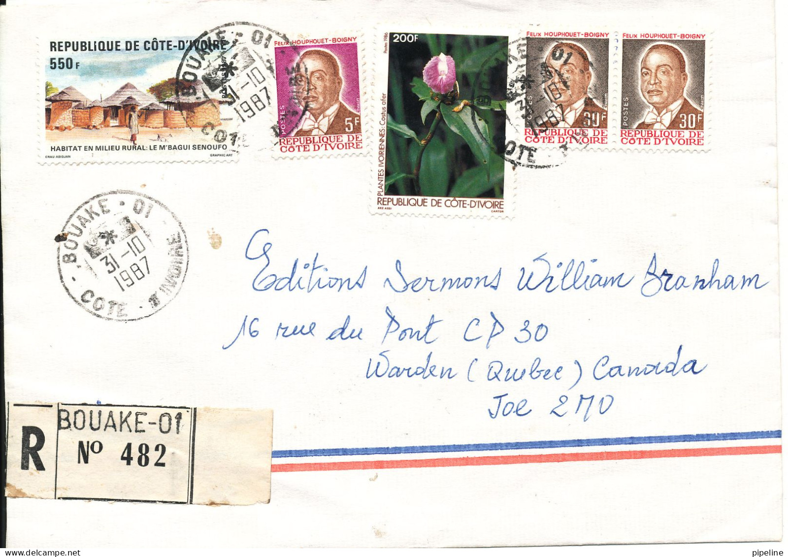 Ivory Coast Registered Air Mail Cover Sent To Canada 31-10-1987 Topic Stamps - Ivory Coast (1960-...)