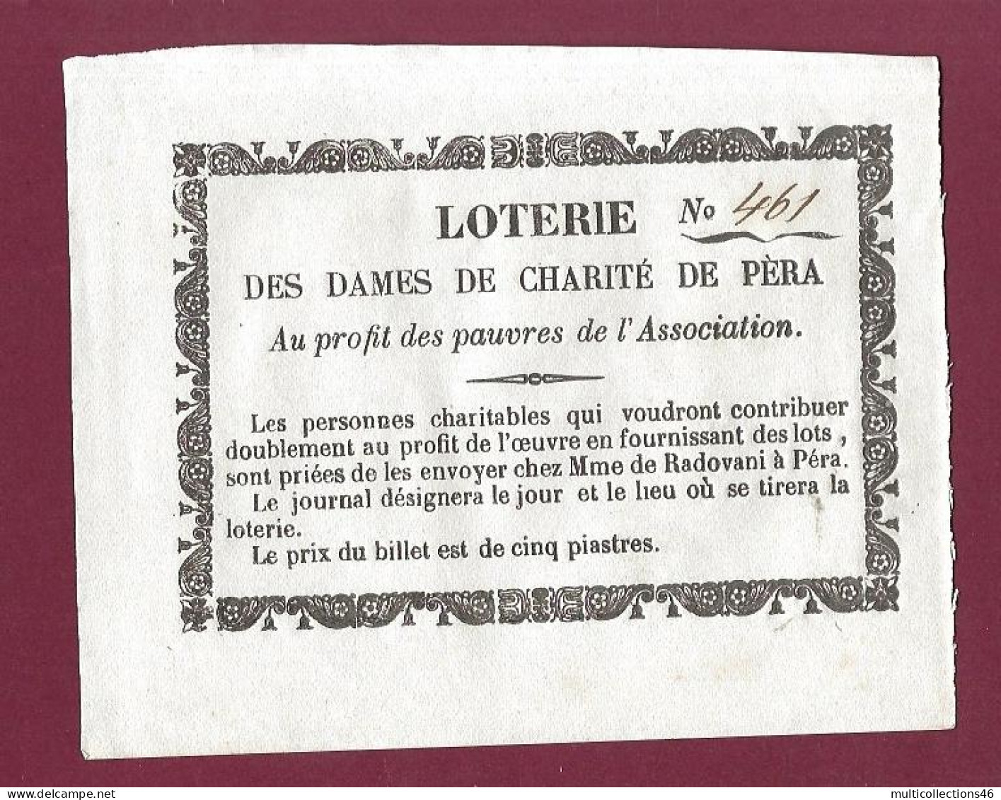 150224 - VIEUX DOCUMENT - LOTERIE Dames De La Charité De Péra Au Profit Des Pauvres Cinq Piastres - TURQUIE ISTANBUL - Biglietti Della Lotteria