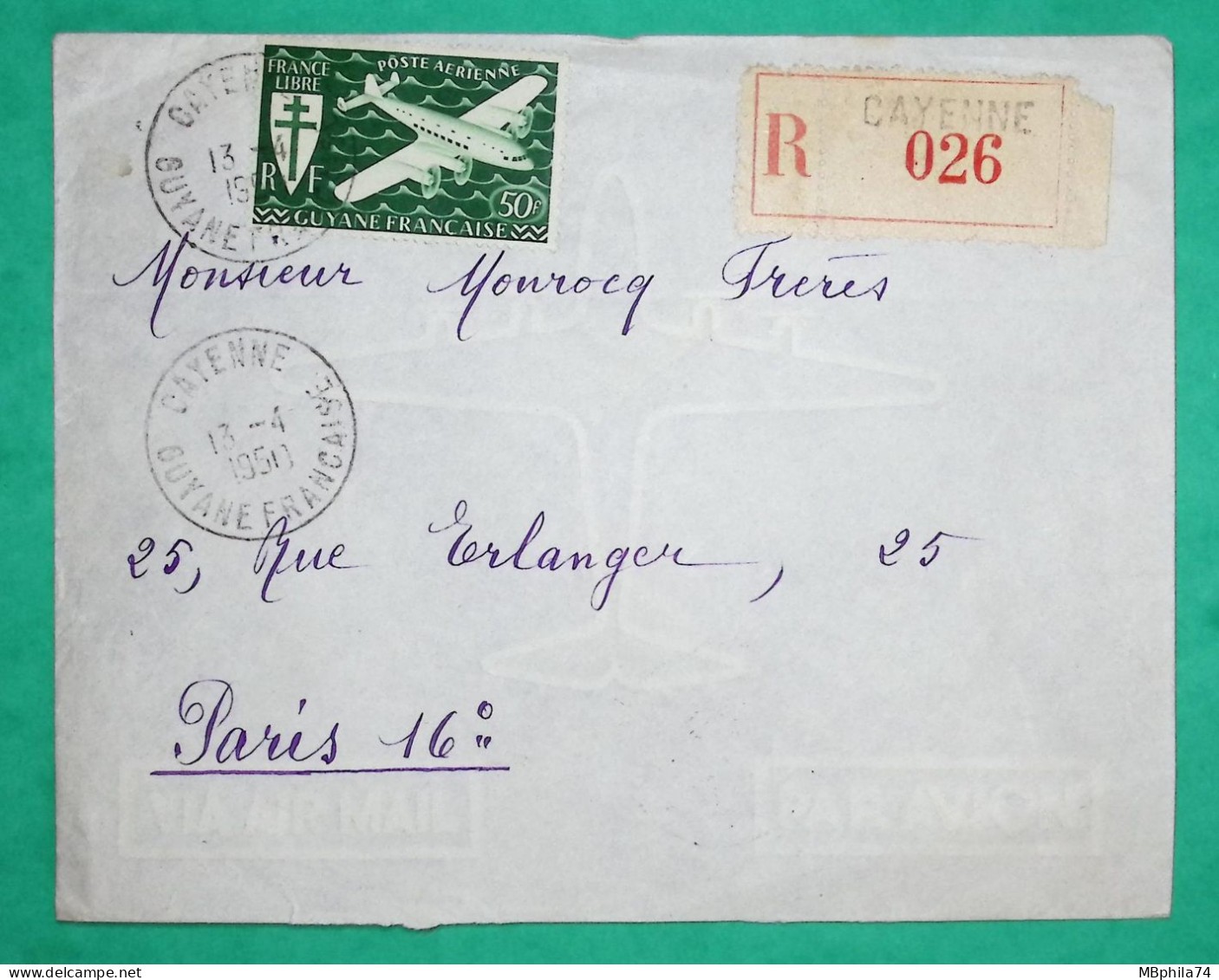 50F GUYANE FRANCAISE FRANCE LIBRE POSTE AERIENNE RECOMMANDE CAYENNE POUR PARIS 1950 LETTRE COVER FRANCE - Storia Postale