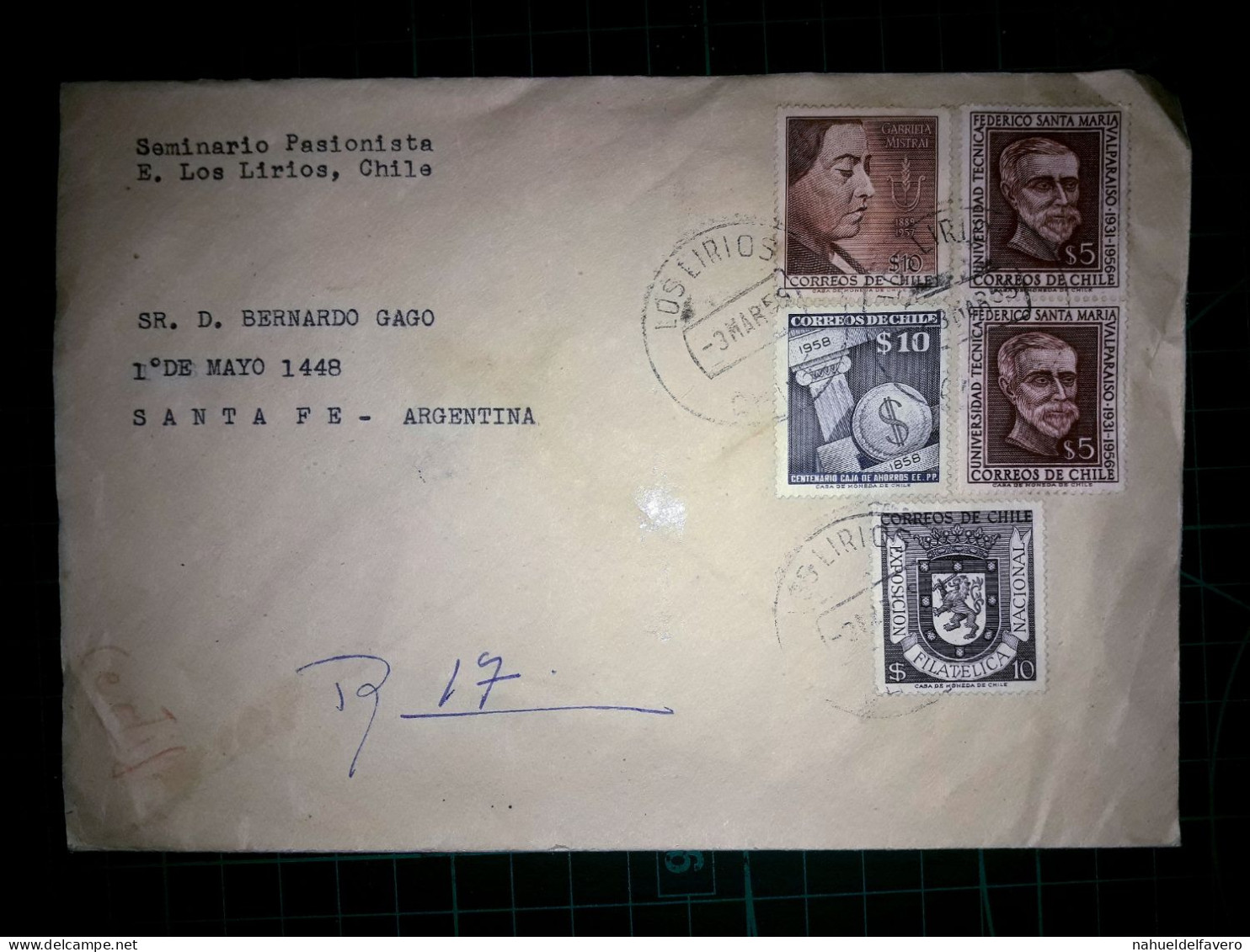 CHILI. Enveloppe Distribuée En République Argentine Avec Une Variété De Timbres-poste. Année 1955. - Chile