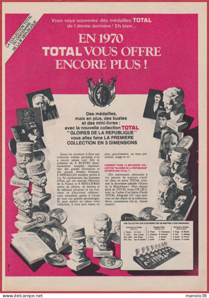 Total. Gloires De La République. Des Médailles, Des Bustes Et Des Mini-livres. Sté Pétrolière. Essence. 1970. - Werbung