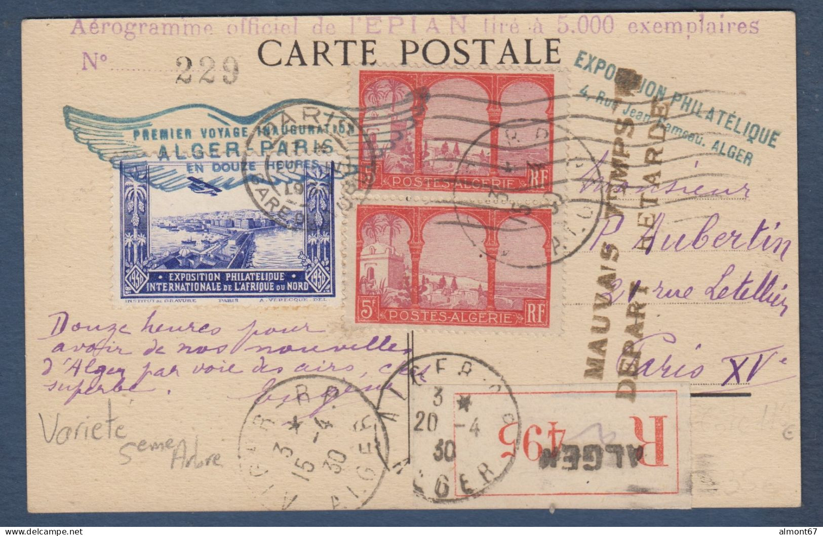 Algérie N° 56b ( 5e Arbre ) En Paire Avec Normal Sur Carte Recommandée  Voyage Alger Paris - Covers & Documents